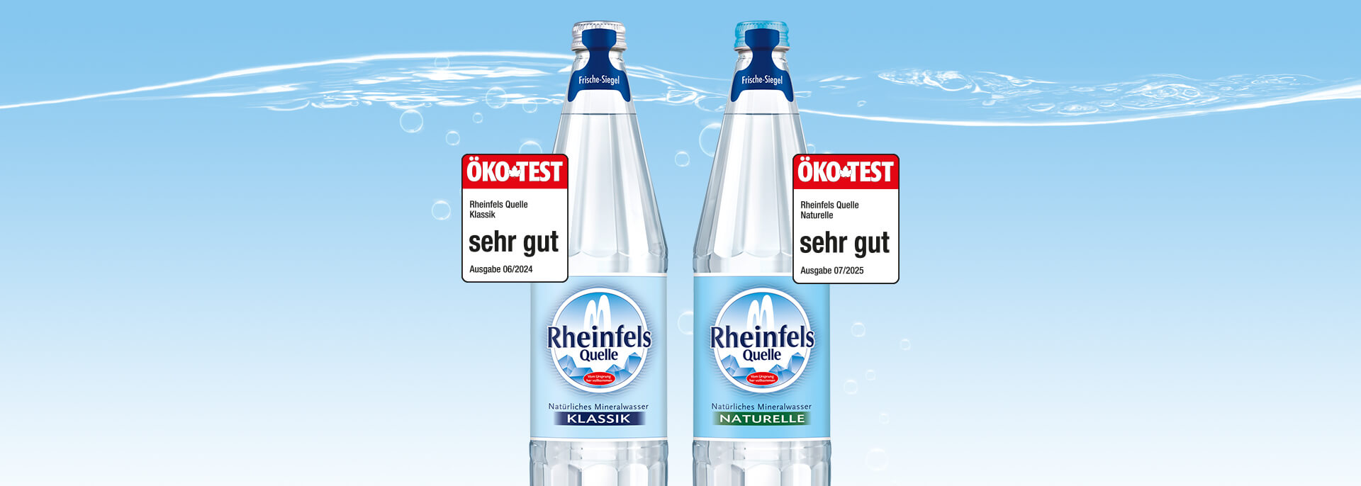 Frau hält Rheinfels Klassik Flasche in der Hand. Daneben ein Ökotest Siegel mit der Note sehr gut