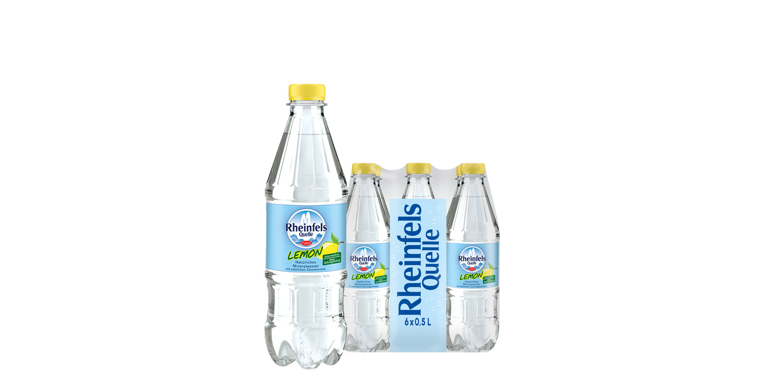 Pack mit 6 Flaschen Rheinfels Quelle Lemon in 0,5 L PET-Einweg