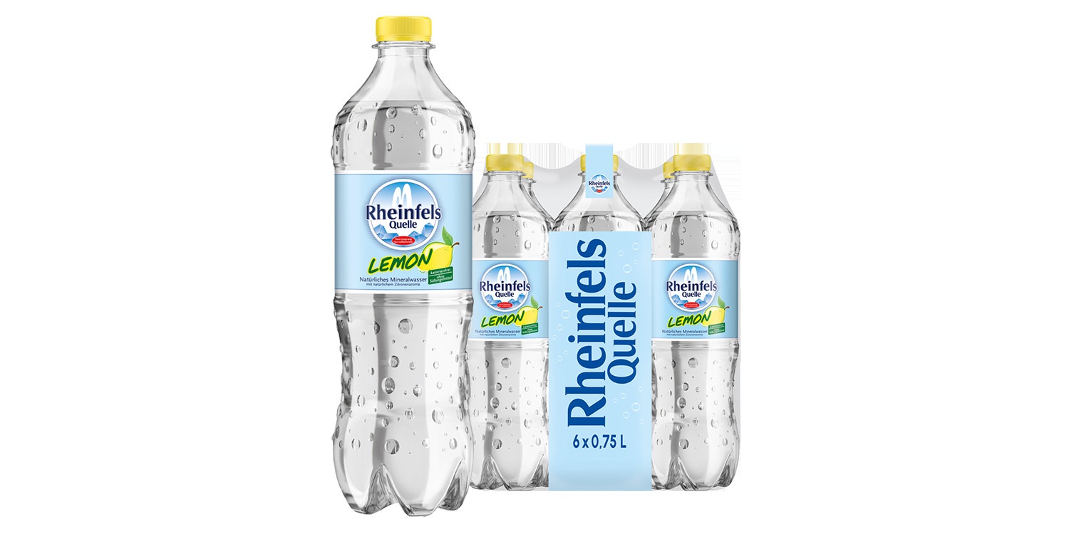 Pack mit 6 Flaschen Rheinfels Quelle Lemon in 0,75 L PET-Einweg
