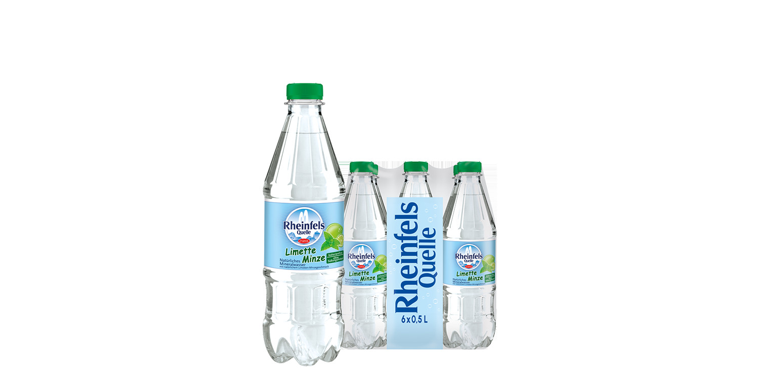 Pack mit 6 Flaschen Rheinfels Quelle Limette-Minze in 0,5 L PET-Einweg