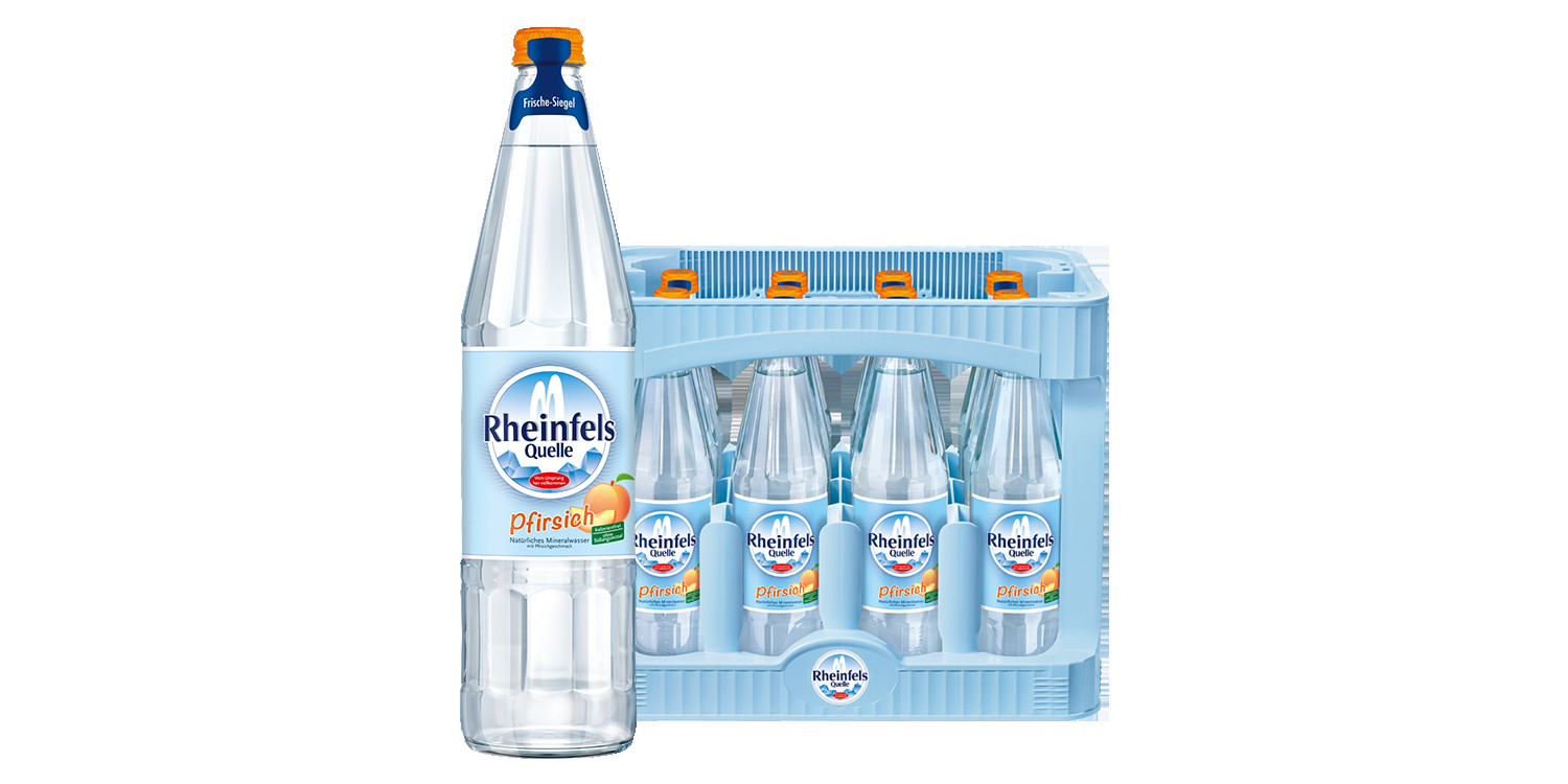 Kasten mit 12 Flaschen Rheinfels Quelle Pfirsich in 0,7 L Glas