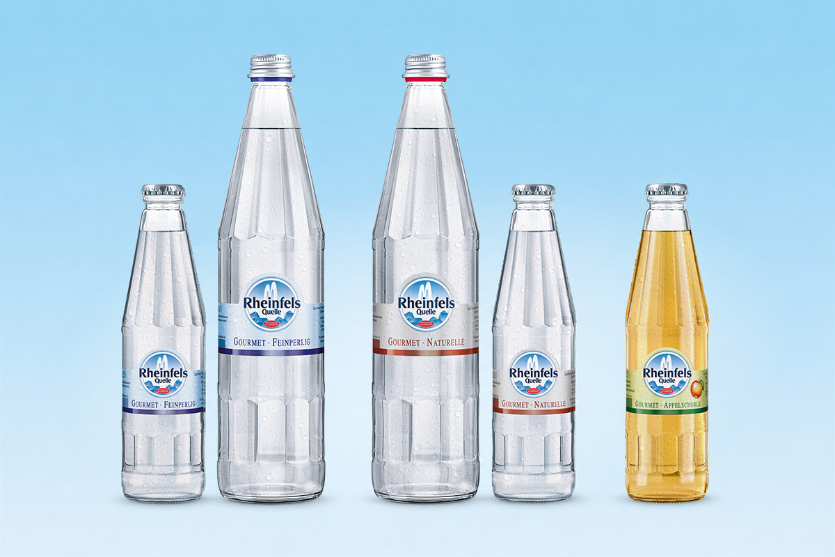 Rheinfels Gastronomie Flaschen in den beiden Sorten Naturelle und Feinperlig in der 0,25L und 0,7 Liter-Glasflasche